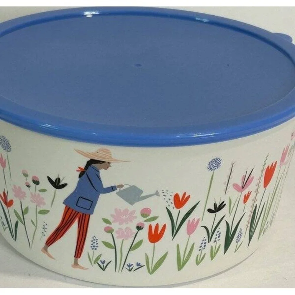 Libby VanderPloeg Anthropologie Melamine Bowl Blue Lid Floral Garden
